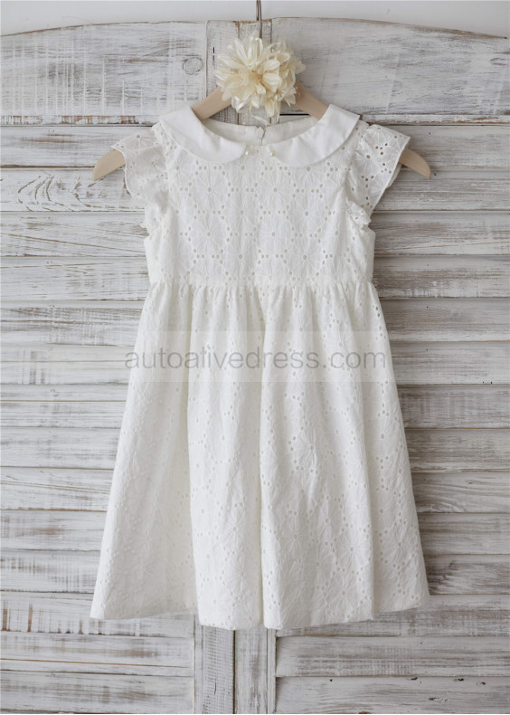 Peter Pan Collar Ivory Cotton Knee Length Flower Girl Dress 